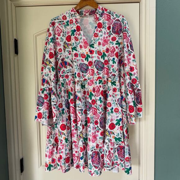 Day of the Dead Vneck Tunic Blouse Hispanic Halloween Skull Ruffle 3/4 Sleeve 2X - Picture 1 of 9